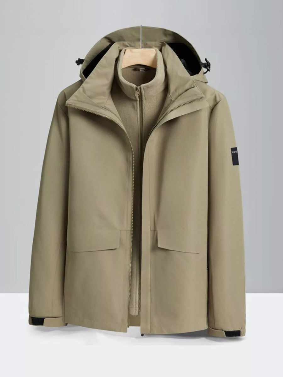 Men's tan hooded waterproof jacket with zip-out fleece liner and two front pockets.