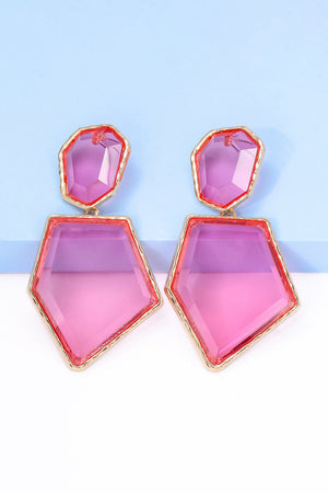 Resin facet drop earrings with gold trim, featuring a pink and purple gradient.