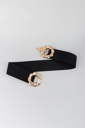 Black stretch belt with gold braided knot buckle detail