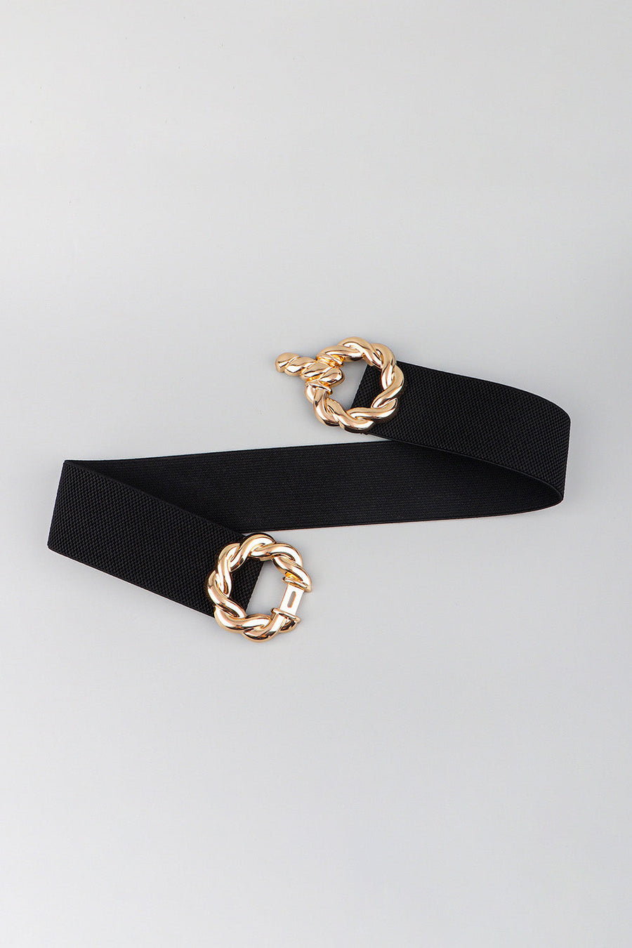 Black stretch belt with gold braided knot buckle detail
