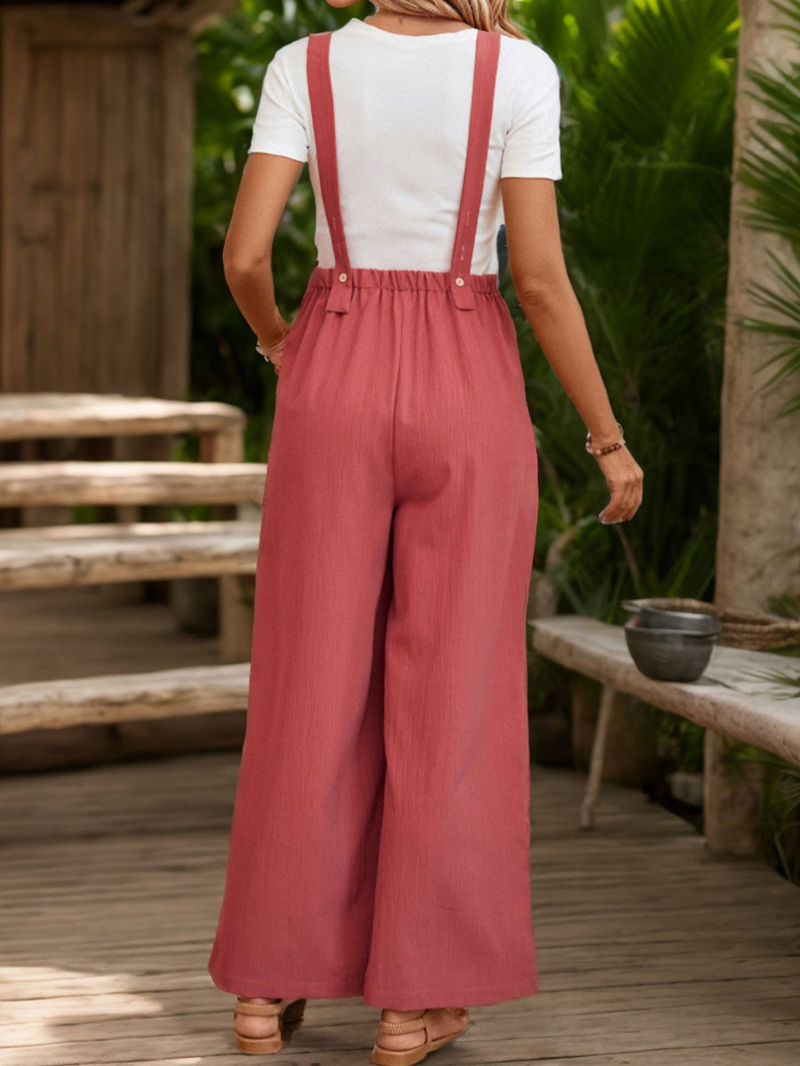 Gathered bodice wide-leg overalls in strawberry with buttoned straps and elastic waist.