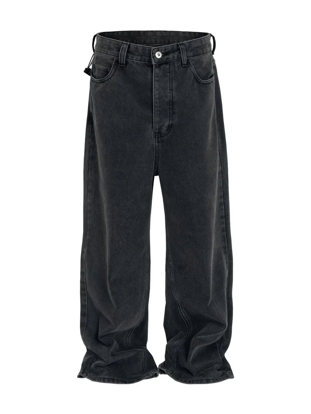 Baggy dark wash denim jeans with a sculpted hemline and casual fit.