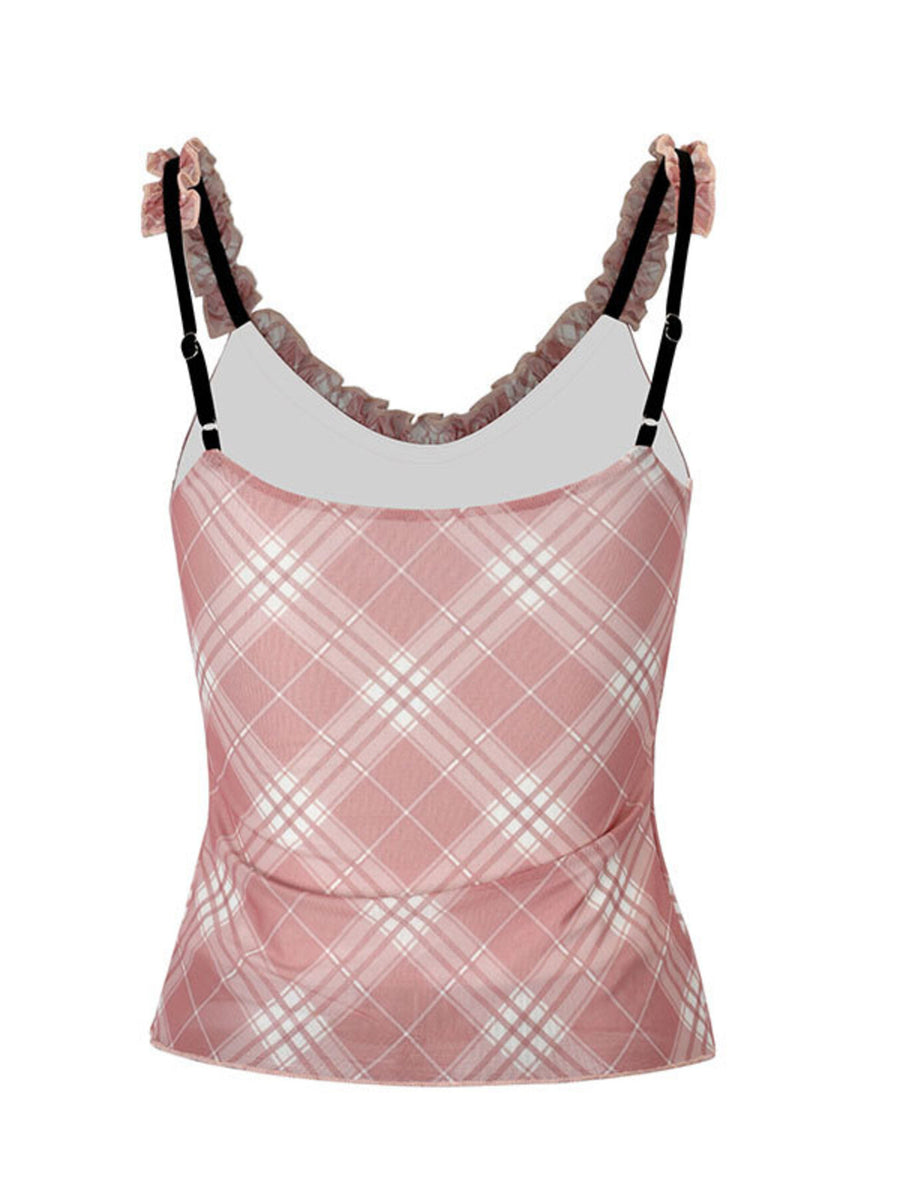 Plaid ruffle trim tank top with adjustable straps and a sheer overlay.