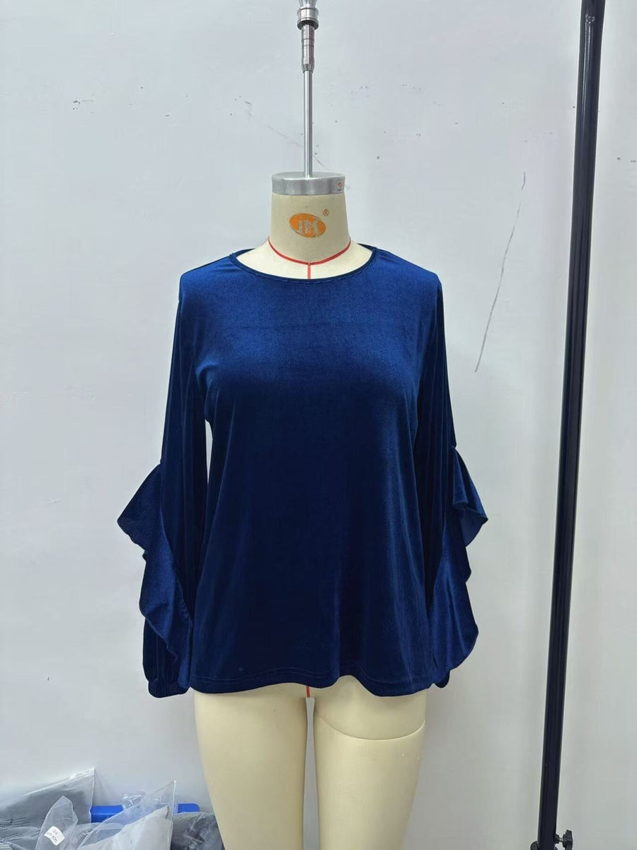 Velvet Round Neck Ruffle Sleeve Top in Burgundy with ruffled