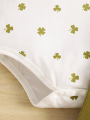 White baby bodysuit with clover print in clover green, snap closure detail
