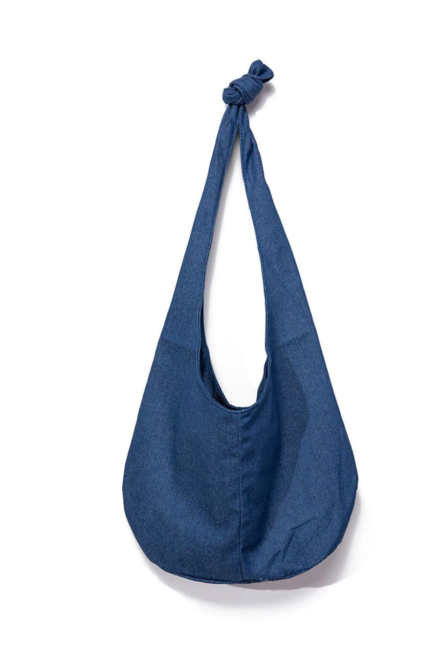 Blue denim shoulder bag with knotted strap detail