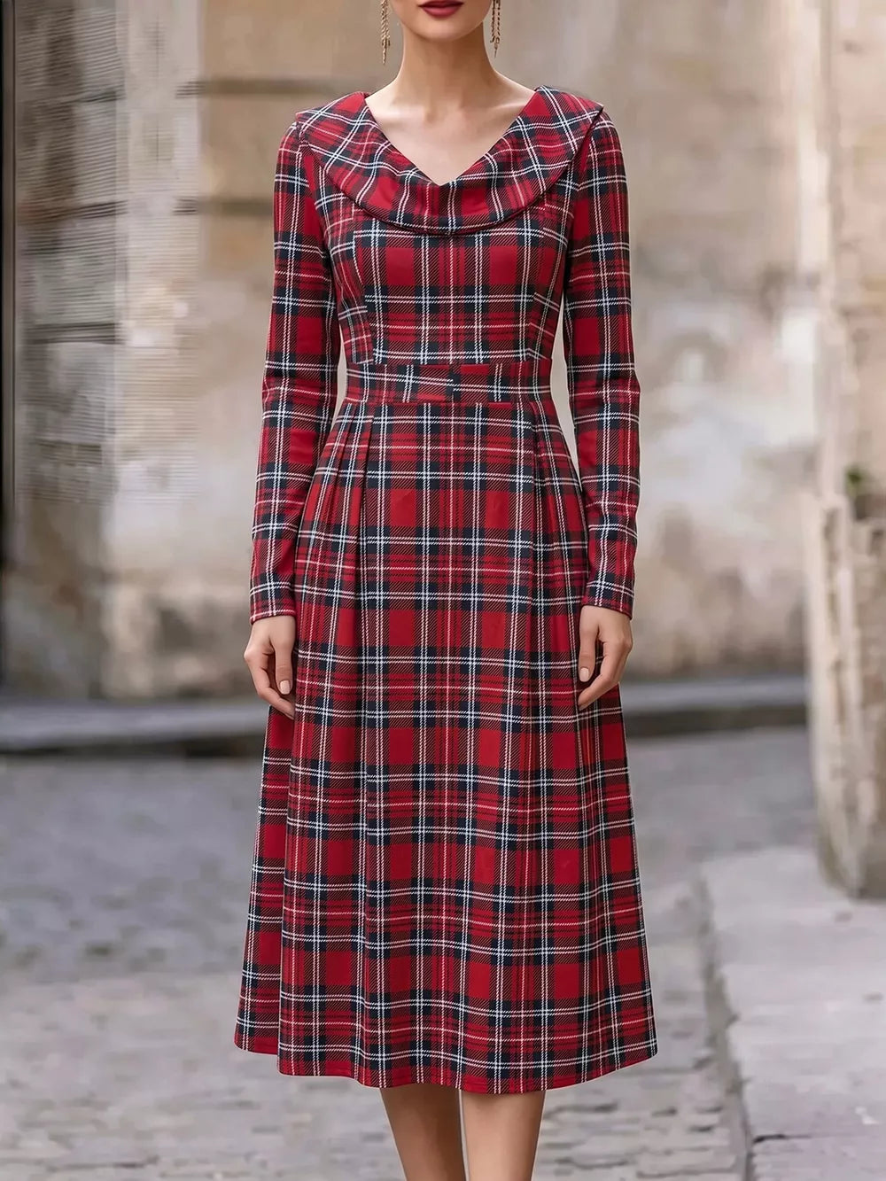 red midi dress with plaid and cowl neck