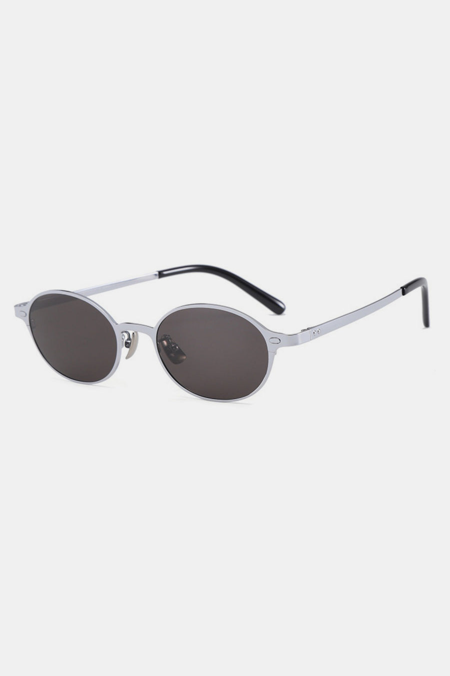 Silver oval sunglasses with dark lenses and black arms