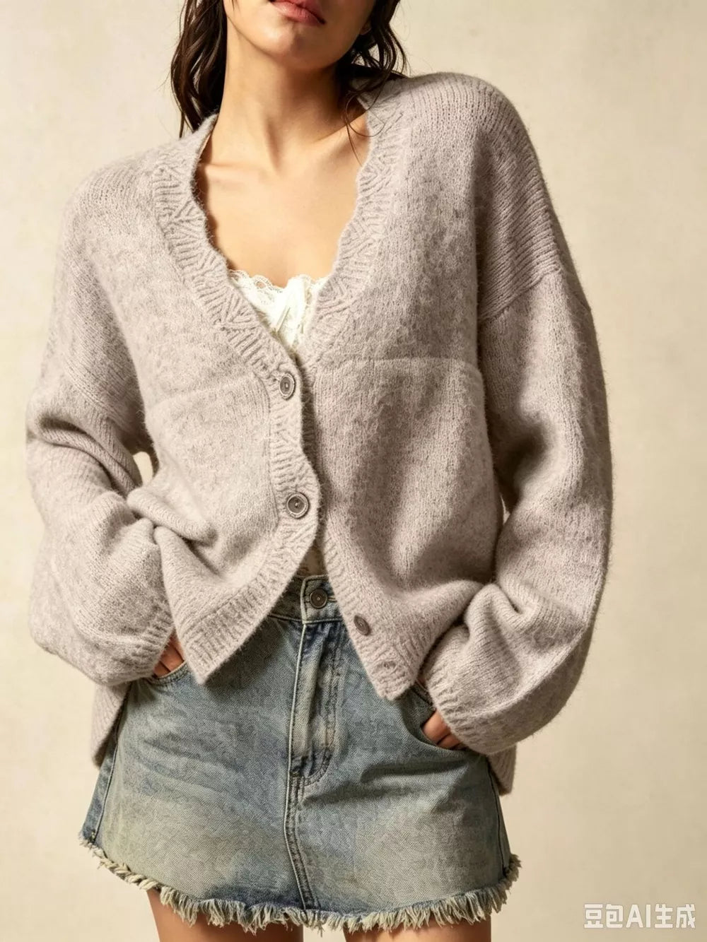 Button-down V-neck Oversized Knit Top in Dust Storm with oversized