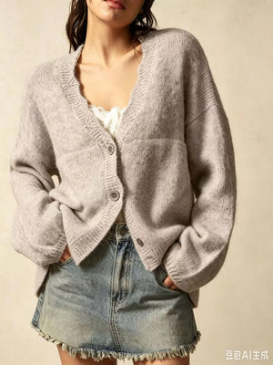 Button-down V-neck Oversized Knit Top in Dust Storm with oversized