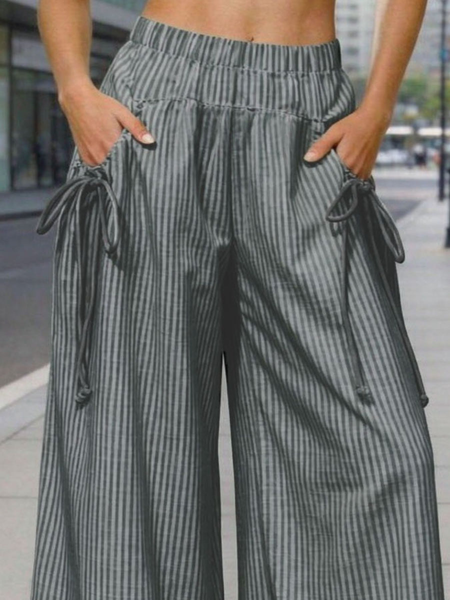 light gray wide-leg pants featuring pocketed and striped