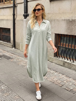 100% polyester Care instructions: Machine wash cold midi dress in Light Gray with relaxed silhouette