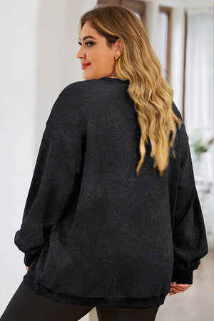 Black ribbed crewneck sweatshirt with a heart outline detail.