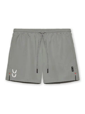 Gray performance jogger shorts with drawcord and logo details