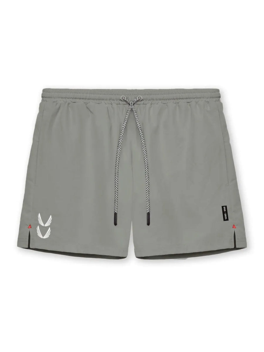 Gray performance jogger shorts with drawcord and logo details