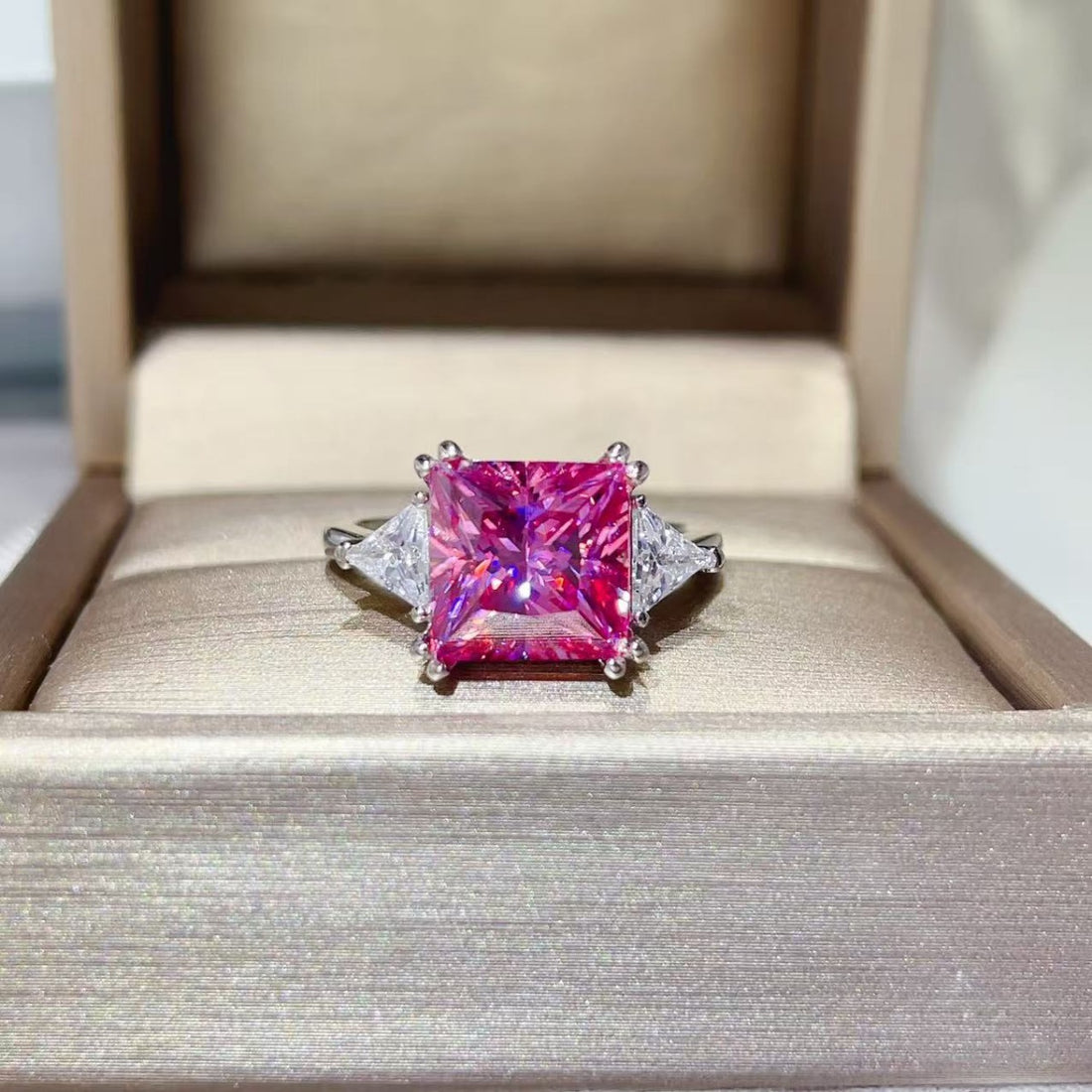 ring in fuchsia featuring 5 carat moissanite and straight fit