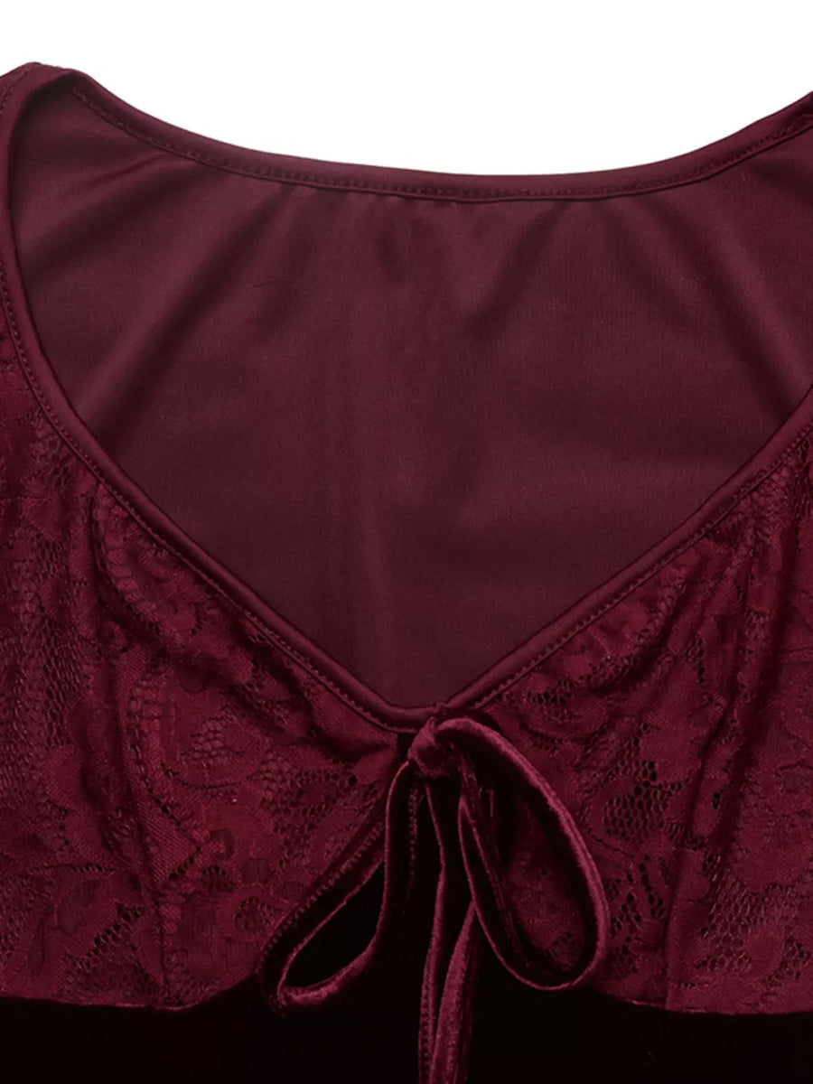 burgundy mini dress with pullover and lace