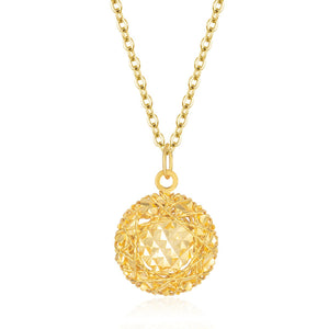 Gold plated sterling silver pendant necklace with intricate cage design and faceted center.