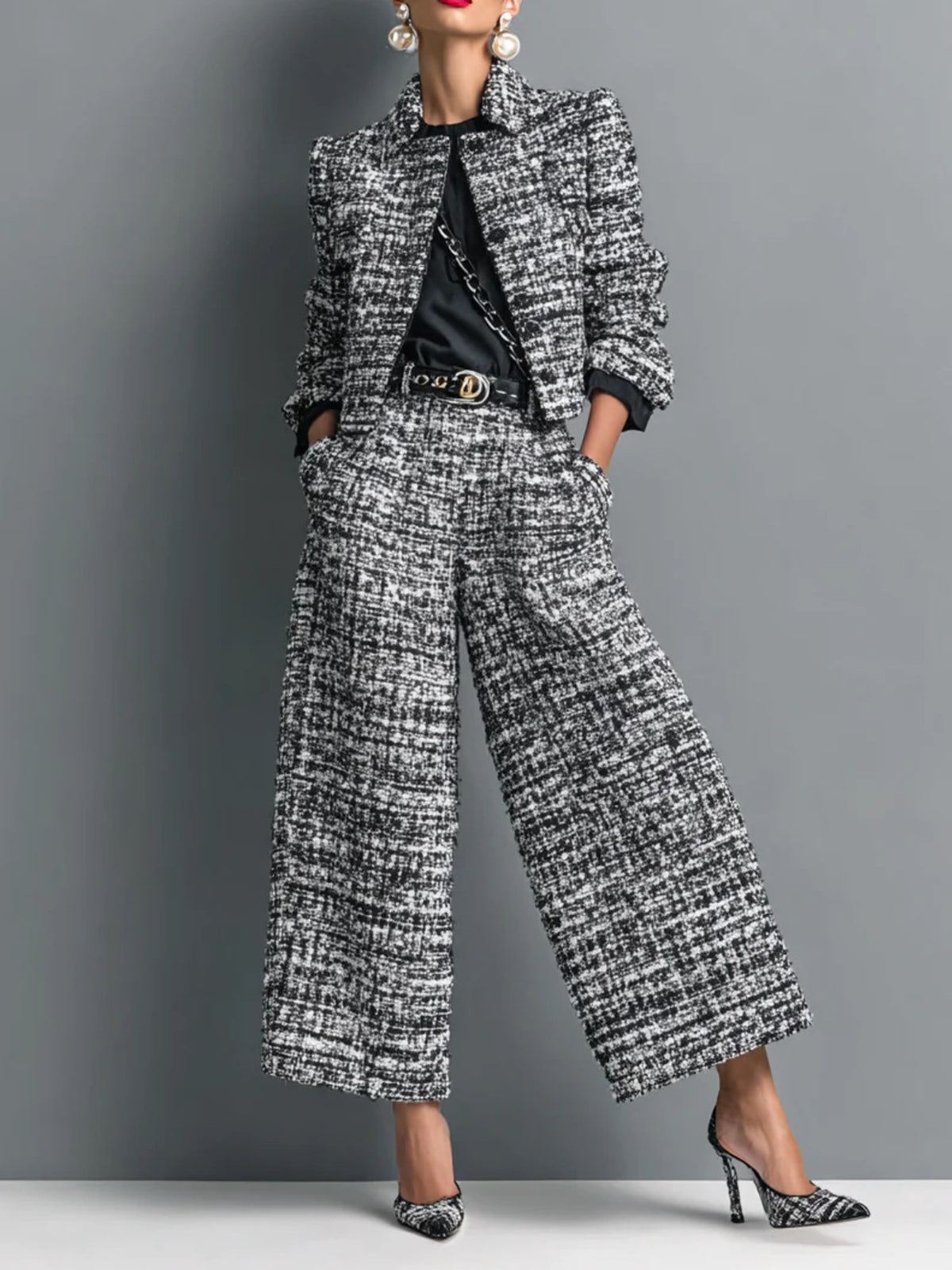 black jacket and pants set with tweed and collared