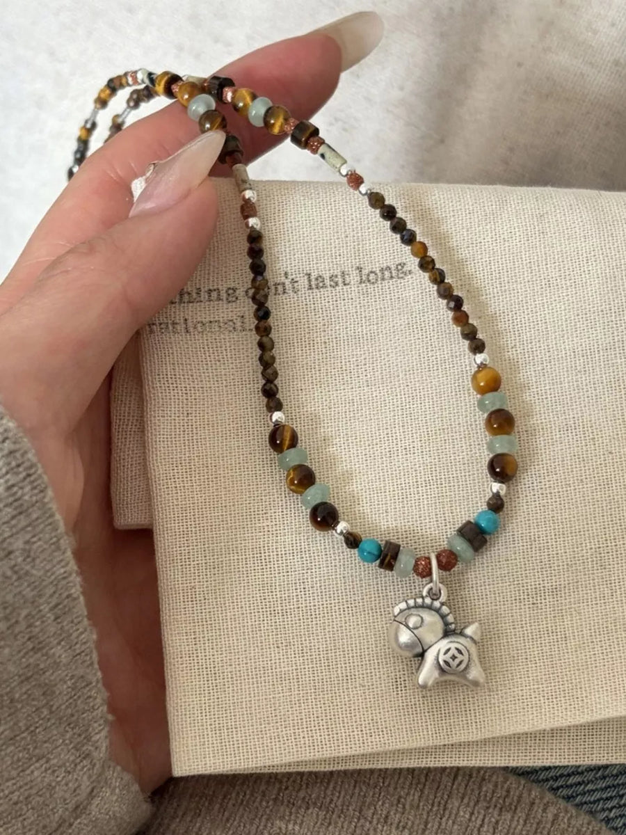 necklace in Silver with beaded and beaded