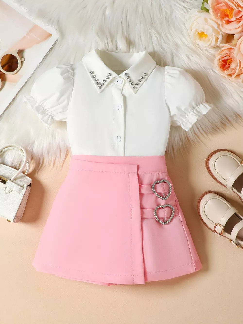 Toddler pink skirt and white puff sleeve shirt with rhinestone collar