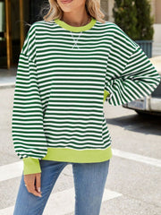 Striped crew neck sweatshirt in Gum Leaf green with white stripes and contrast lime green trim.