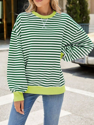 Striped crew neck sweatshirt in Gum Leaf green with white stripes and contrast lime green trim.