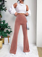 Dusty pink corduroy maternity flare pants with high waist and bell bottoms