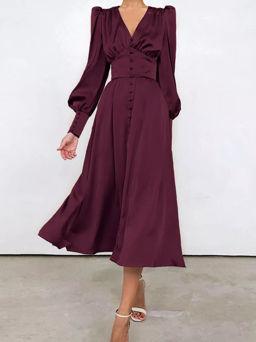 Elegant V-neck Puff Sleeve Button-down Midi Dress in White, view 12