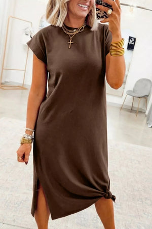 Dark brown relaxed t-shirt maternity dress with short sleeves and knot detail at hem.