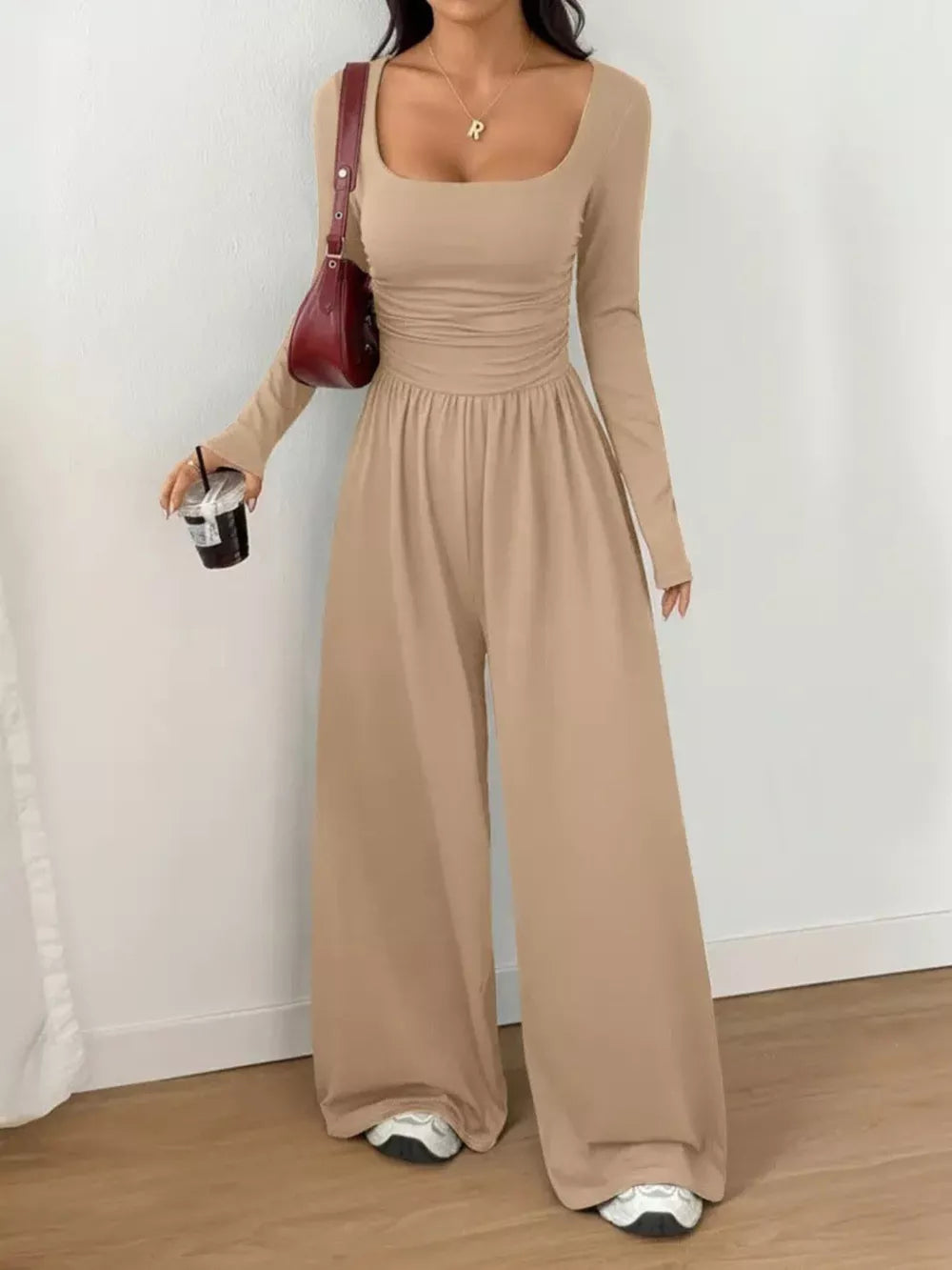 jumpsuit in Gray with ruched and full-length
