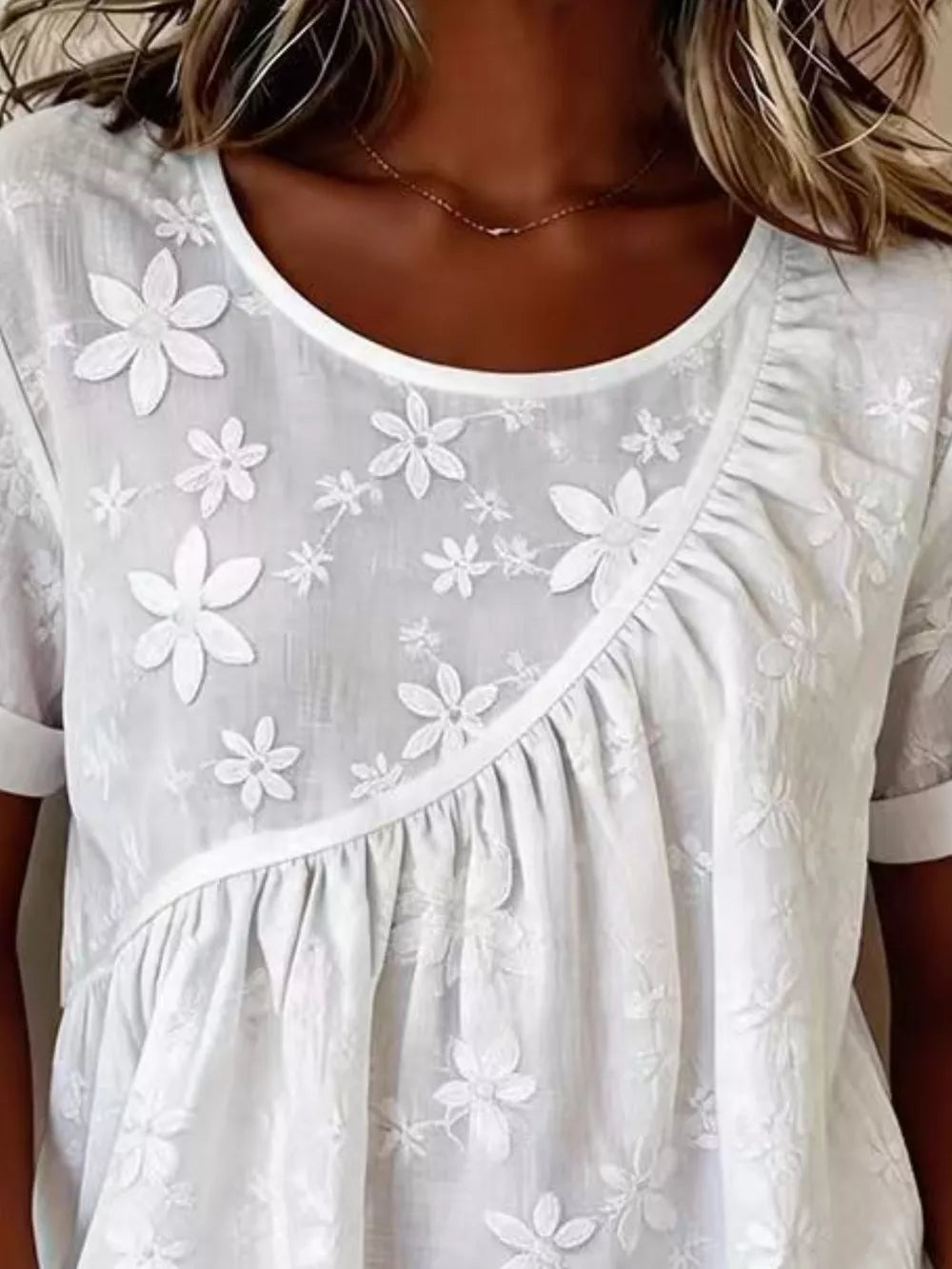 Floral Embroidered Round Neck Short Sleeve Top Plus Size in White