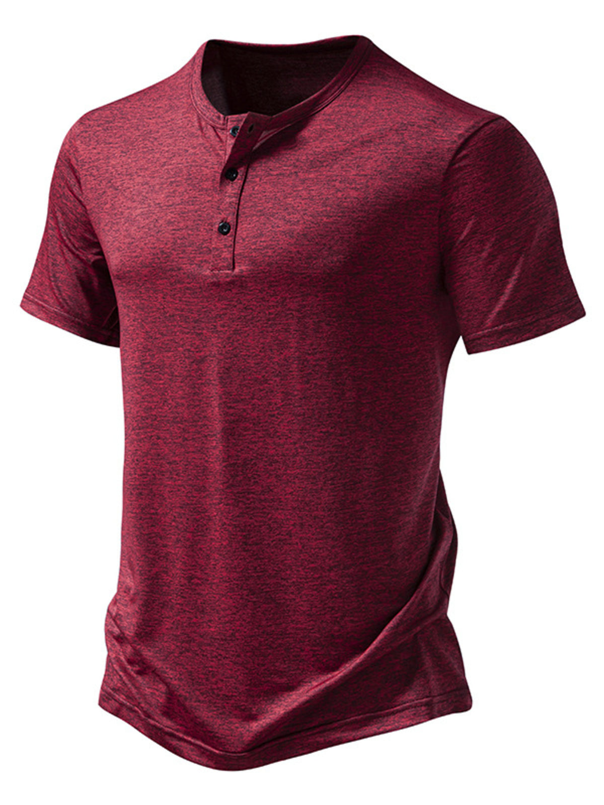 Burgundy mélange slim fit henley tee with short sleeves and curved hem.