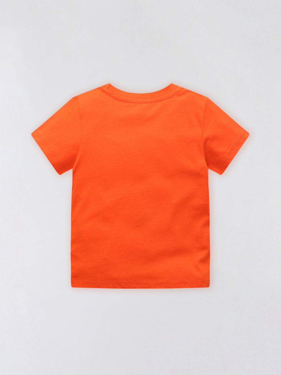 Orange cotton crew neck t-shirt with short sleeves and a graphic detail on the back.
