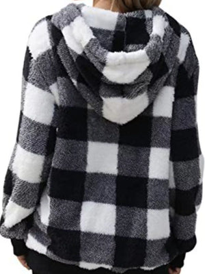 Plaid sherpa drawstring hoodie in black and white buffalo check with a fuzzy texture.