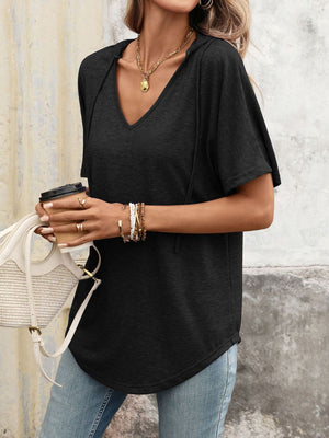 Black hooded t-shirt with short sleeves and v-neck, relaxed fit
