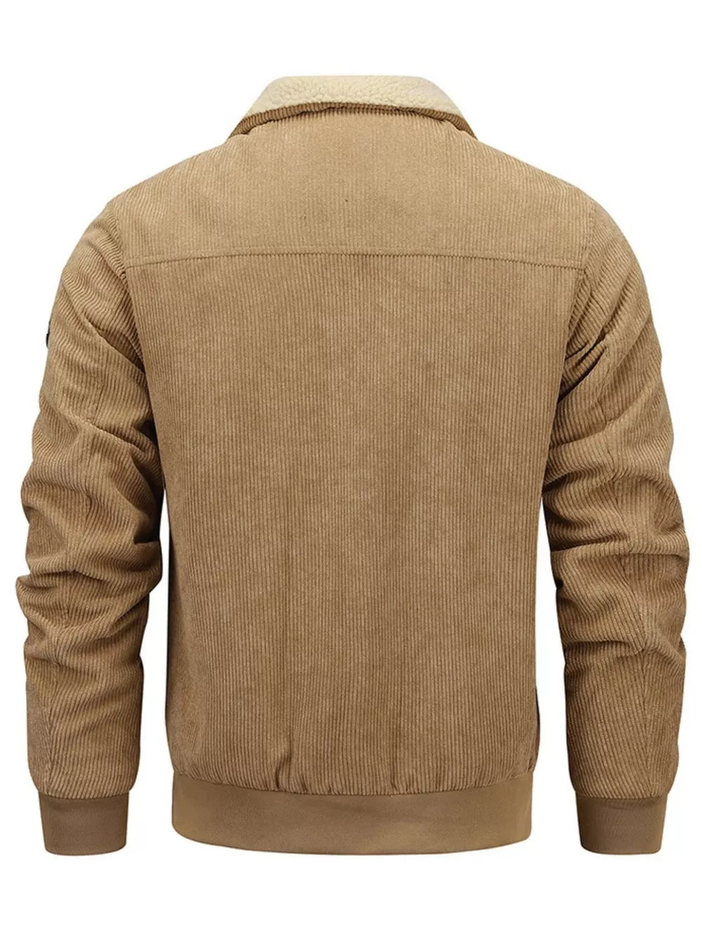 Men's camel corduroy bomber jacket with sherpa collar and ribbed cuffs.