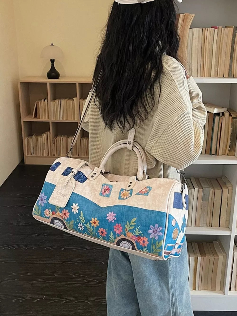 Flower Power Large Duffel Bag with camper van and floral print, blue and cream.