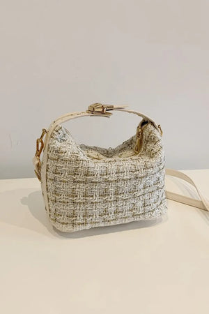 Tweed box bag in ivory with gold hardware and detachable strap