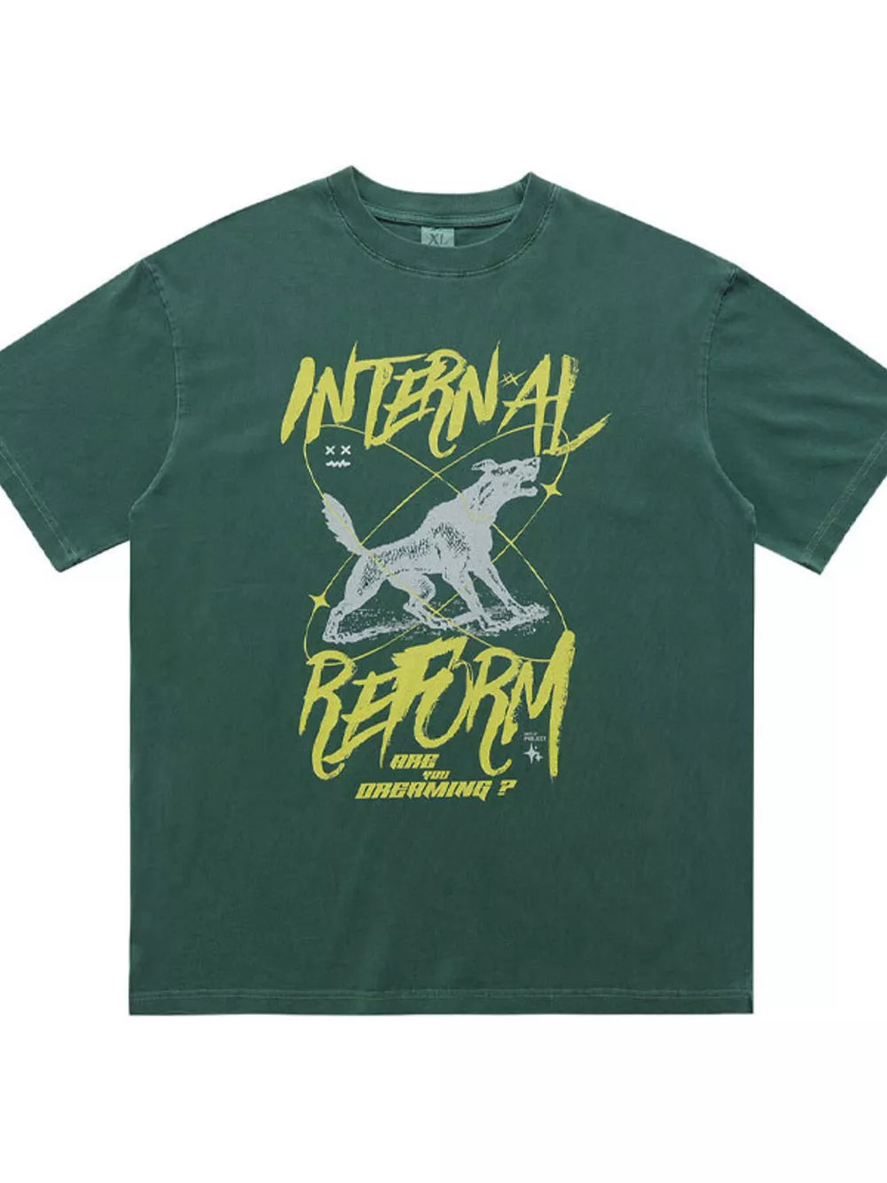 Dark Green cotton t-shirt with howling wolf graphic and "INTERNAL REFORM" text.