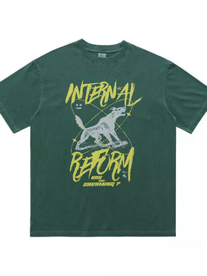 Dark Green cotton t-shirt with howling wolf graphic and "INTERNAL REFORM" text.
