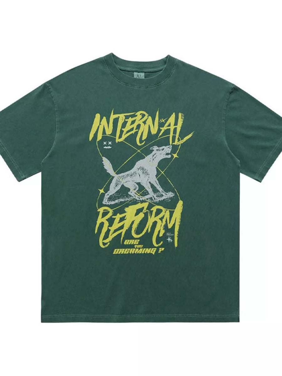 Dark Green cotton t-shirt with howling wolf graphic and "INTERNAL REFORM" text.