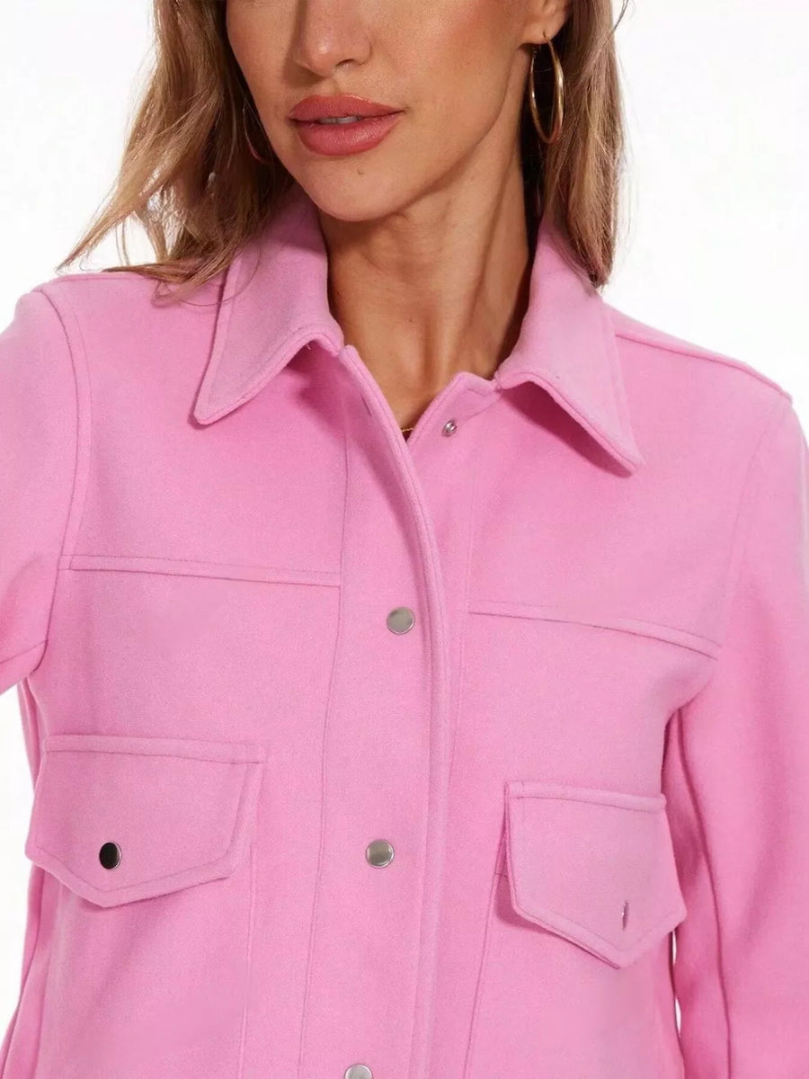 Pink trucker jacket with snap buttons and chest pockets