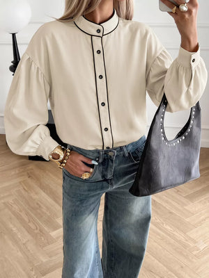 Beige Contrast Trim Long Sleeve Shirt