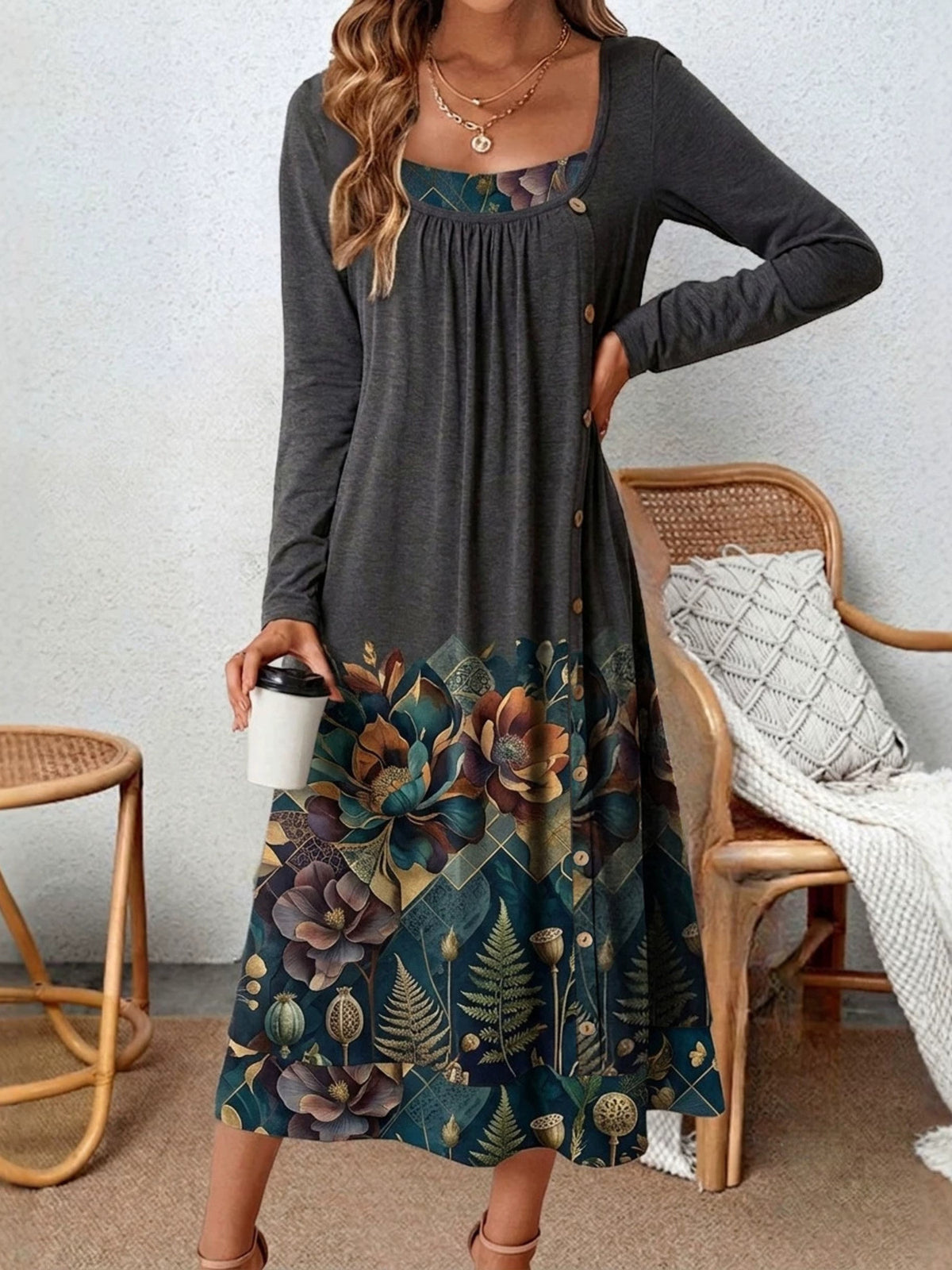 dark gray midi dress with floral and square neck