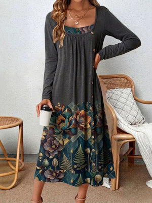 dark gray midi dress with floral and square neck
