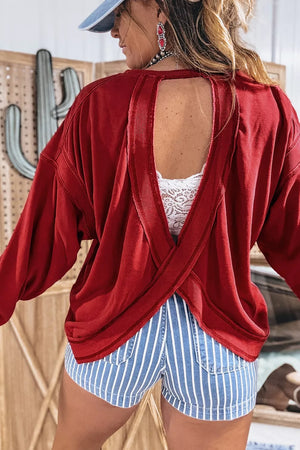 Ribbed Drop Shoulder Cutout Back Sweatshirt option 7