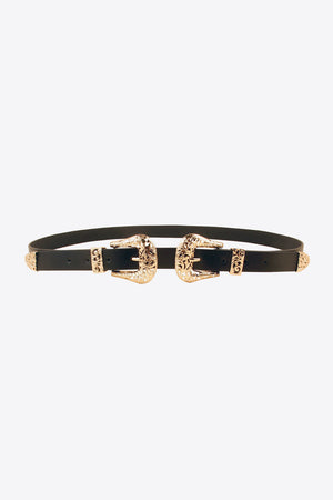 Black leather belt with double ornate gold buckles and gold tip detail