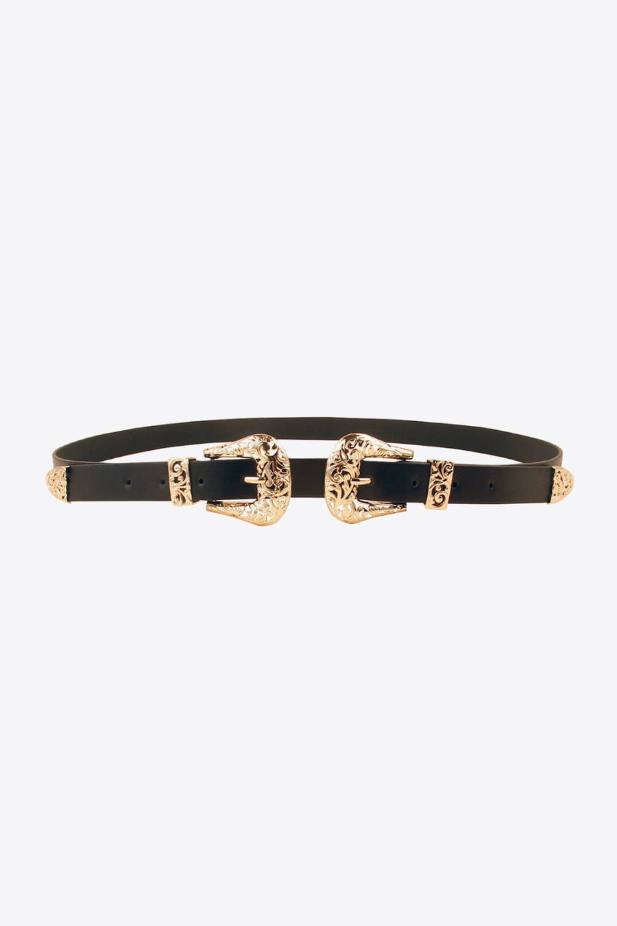 Black leather belt with double ornate gold buckles and gold tip detail