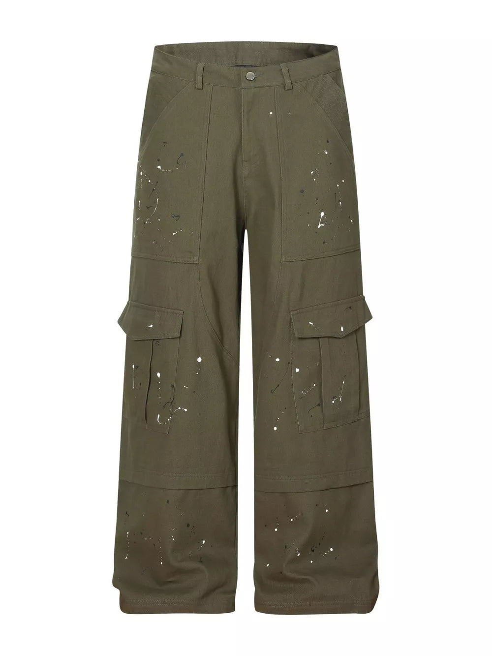 Olive green cotton cargo pants with white paint splatter design and button fly.